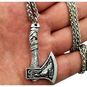 Pánský náhrdelník se sekerou Viking Axe, stříbrný, slitina kovů, s liščím ocasem výpletem