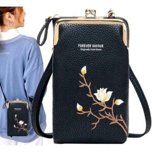Mini kabelka na telefon s květinovou výšivkou, černá ekologická umělá kůže, 18x11x5 cm