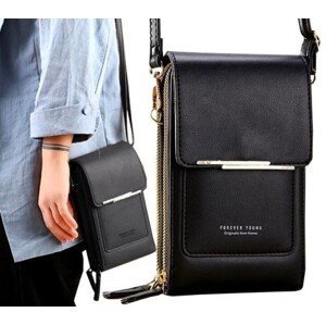 Spojková taška na telefon a peněženku, černá, měkká ekologická umělá kůže, 19x12x5 cm