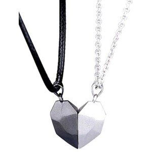 Magnetické náhrdelníky pro páry 2v1, srdíčkový design, stříbrný a černý, délka 50+5 cm