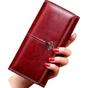 Velká dámská peněženka z ekologické kůže, vínová, 14 přihrádek, rozměry 19.5x10x4 cm