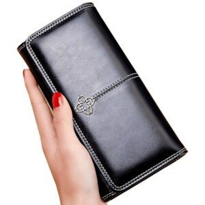 Velká elegantní dámská peněženka, černá ekologická umělá kůže, 14 přihrádek, rozměry 19.5x10x4 cm
