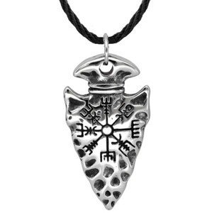 Pánský náhrdelník se severskými symboly, stříbrná/černá barva, kovové slitiny a eko kůže, 60+5,5 cm