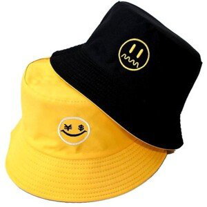 Oboustranný Rybářský Klobouk BUCKET HAT, Černá/Žlutá s Emotikonem, Polyester/Bavlna, Univerzální Velikost 55-59 cm
