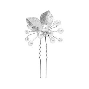 Svatební spona do vlasů s perlami a květinovými listy, bílá, 9 cm