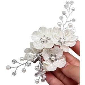 Elegantní svatební hřeben do vlasů, stříbrný s perlami a květinou, 17x10 cm