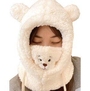 Dámská zimní čepice 2 v 1 s kapucí a ušima medvídka, bílá, univerzální velikost, materiál 100% polyester