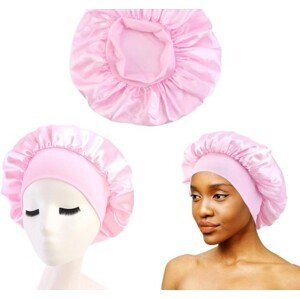 Růžová saténová noční čepice s vlasovým lemem, univerzální velikost, 100% polyester