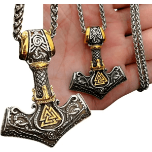 Pánský náhrdelník s kladivem Thor Mjolnir, stříbrno-zlatá barva, chirurgická ocel