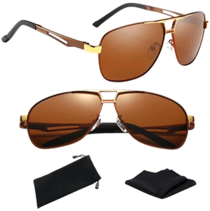 Pánské hnědé polarizační sluneční brýle Retro styl - UV 400 ochrana, zlatý kovový rám, velikost 60-20-137 mm