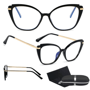 Elegantní kočičí brýle s antireflexními skly, černé, kov-polykarbonát-plast, 141x144 mm