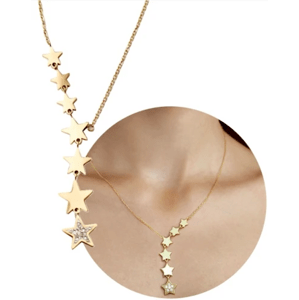 Dlouhý zlatý náhrdelník s hvězdičkami z chirurgické oceli 316L, délka 47 cm, zdobený bílými zirkony