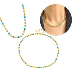 Elegantní náhrdelník z chirurgické oceli 316L, pokovený 18karátovým zlatem, s modrými korálky a prodloužením 5 cm