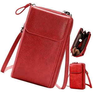 Dámská Retro Taška a Peněženka na Telefon, Červená, ekologická umělá kůže, 18x11x5 cm