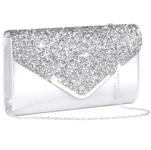 Elegantní večerní kabelka přes rameno, stříbrná, ekologická umělá kůže, 24x14x6 cm