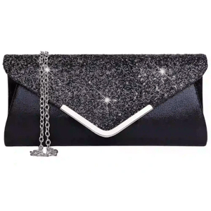 Elegantní večerní brokátová taška přes rameno, černá, syntetický materiál, 24x15x6 cm