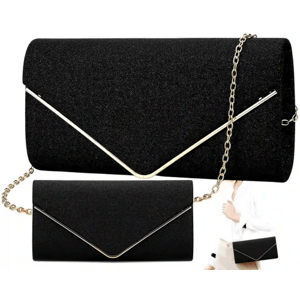 Elegantní večerní brokátová kabelka přes rameno, černá, syntetika, 23x12x6 cm