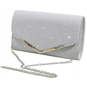 Elegantní lesklá společenská taška přes rameno, stříbrná, syntetika, 24x14x5 cm