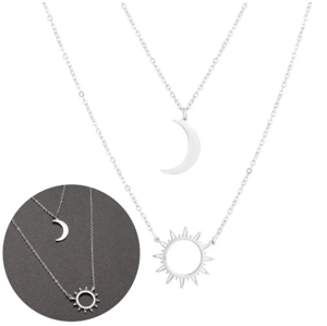 Elegantní Náhrdelník ze Stříbrné Chirurgické Oceli 316L s Dvojitým Řetízkem a Přívěsky Slunce a Měsíc, Délka 50 cm