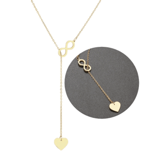 Dlouhý náhrdelník s přívěsky srdce a nekonečno, zlatý, chirurgická ocel 316L, délka 60 cm