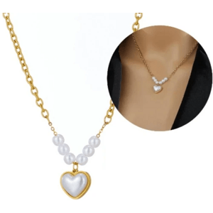 Náhrdelník s přívěskem ve tvaru srdce z chirurgické oceli a perly, zlatý