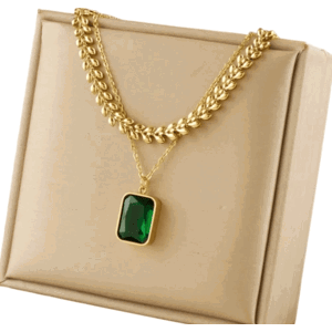 Dvojitý náhrdelník Zlatý se zeleným kamenem z chirurgické oceli
