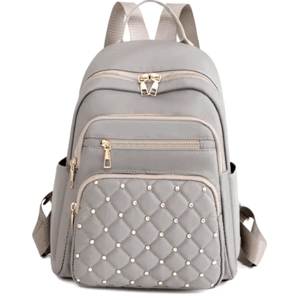 Dámský městský batoh, šedý nylon, nepromokavý a prošívaný, 32x27x12 cm