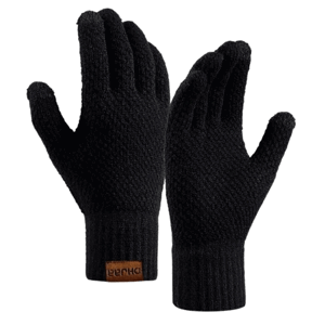 Pánské zimní teplé dotykové rukavice s pleteným vzorem, černá, akrylová příze, univerzální velikost