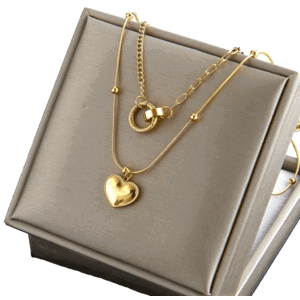 Dvojitý náhrdelník z chirurgické oceli 316L s pozlaceným srdcem, délka 45+5 cm a 33+5 cm, antialergický