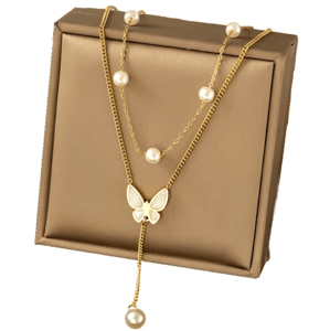 Dlouhý náhrdelník z chirurgické oceli 316L s motýlem a perlami, pozlacený 18karátovým zlatem, délka 50 cm + 7 cm prodloužení