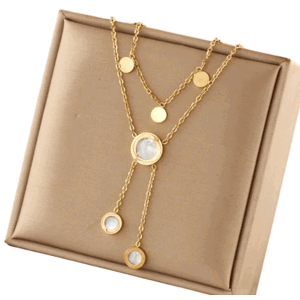 Elegantní náhrdelník z chirurgické oceli 316L, pozlacený 18karátovým zlatem, s dvojitými kruhy a perletí, délka 43+6 cm