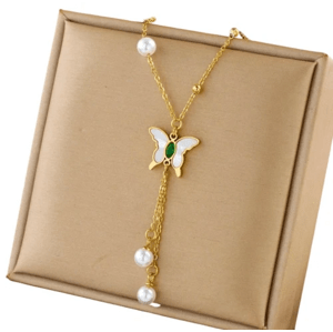 Dlouhý náhrdelník z chirurgické oceli 316L, pozlacený 18karátovým zlatem, s motýlem a perlami, délka 40 cm + 5 cm prodloužení