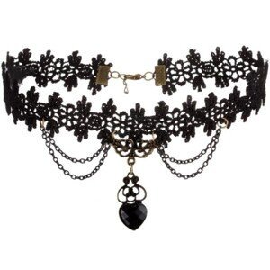 Viktoriánský náhrdelník z černé krajky, délka 31 cm, šířka 3 cm, s přívěskem a drobnými řetízky