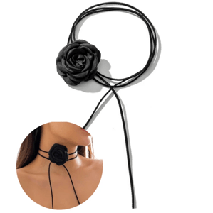 Camerazar Dámský náhrdelník choker s květinovým motivem, černý, vázaný kapka