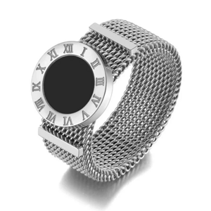 Camerazar Stříbrný prsten z chirurgické oceli s římskými číslicemi a hodinovým ciferníkem