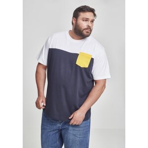 Trojbarevné prodloužené tričko Urban Classics s kapsičkou Barva: modrá námořní - bílá - žlutá, Velikost: 4XL