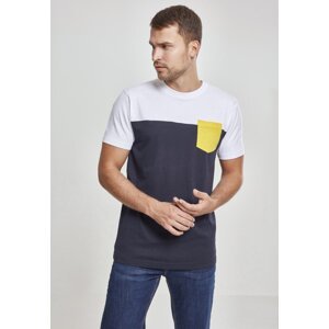 Trojbarevné prodloužené tričko Urban Classics s kapsičkou Barva: modrá námořní - bílá - žlutá, Velikost: S