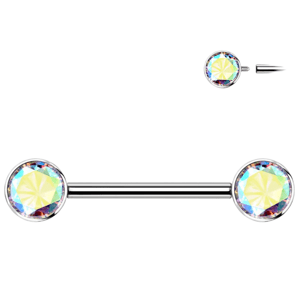 Titánový piercing do bradavky s vnútorným závitom a zirkónmi Amelia Délka / Průměr: 16 mm, Farba: Aurora borealis / dúhová, Velikost koncovky: 6 mm
