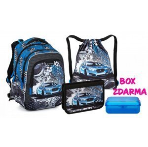 Malý školní set pro prvňáčky - modré auto  LUMI 23 D (batoh + penál + sáček na TV + box na svačinu)