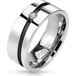 Ocelový prsten s černým diagonálním pruhem a zirkonem Velikost prstenu: 67