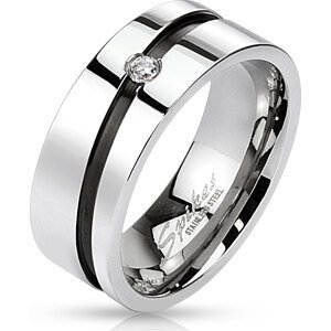 Ocelový prsten s černým diagonálním pruhem a zirkonem Velikost prstenu: 69