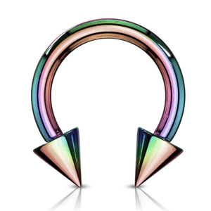 Ocelová podkova s hroty - barevná Barva: Aurora borealis / duhová, Velikost: 1,2 mm x 10 mm x 3 mm