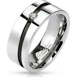 Ocelový prsten s černým diagonálním pruhem a zirkonem Velikost: 67