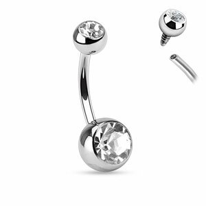 Piercing do pupíku s vnitřním šroubováním s čirými krystaly Velikost: 1,6 mm x 10 mm x 5 mm x 8 mm