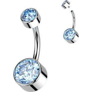 Titanový piercing do pupíku s vnitřním závitem a Swarovski zirkony Barva: Aqua, Délka / Průměr: 10 mm, Velikost koncovky: 5 & 8 mm