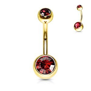 Zlatý piercing do pupíku s kamínky Barva: Červená, Velikost: 1,6 mm, Velikost koncovky: 5 & 8 mm