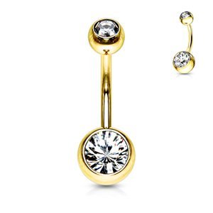 Zlatý piercing do pupíku s kamínky Barva: Čirá, Velikost: 1,6 mm, Velikost koncovky: 5 & 8 mm