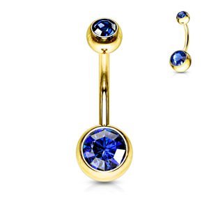 Zlatý piercing do pupíku s kamínky Barva: Modrá, Velikost: 1,6 mm, Velikost koncovky: 5 & 8 mm