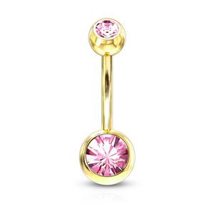 Zlatý piercing do pupíku s kamínky Barva: Růžová, Velikost: 1,6 mm, Velikost koncovky: 5 & 8 mm