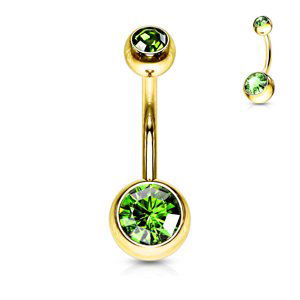 Zlatý piercing do pupíku s kamínky Barva: Zelená, Velikost: 1,6 mm, Velikost koncovky: 5 & 8 mm